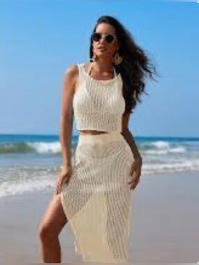 Women's Cream Knit Midi Skirt Set - Beach Ready